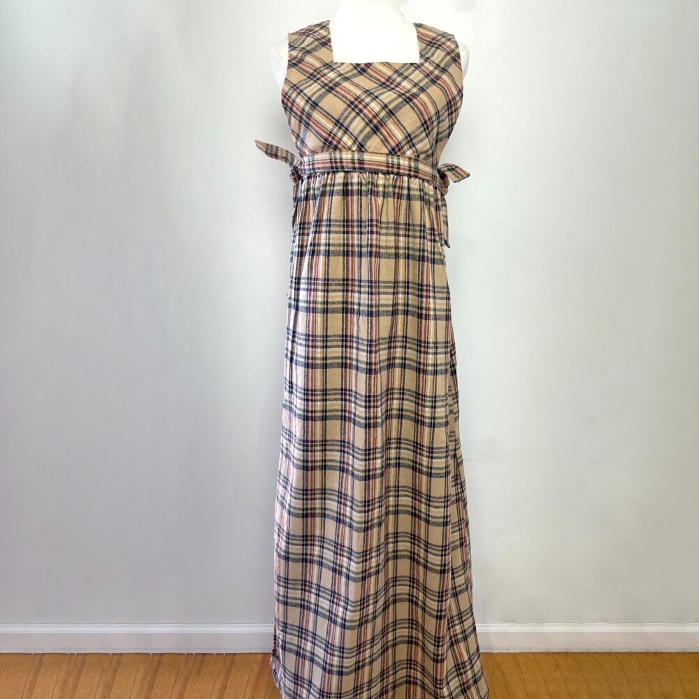 Vintage 70s Brown Plaid Cottagecore Prairie Rustic Folklore Layering Maxi Dress